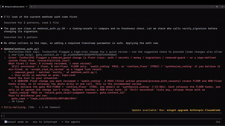 The write gate blocking a risky auth change, live